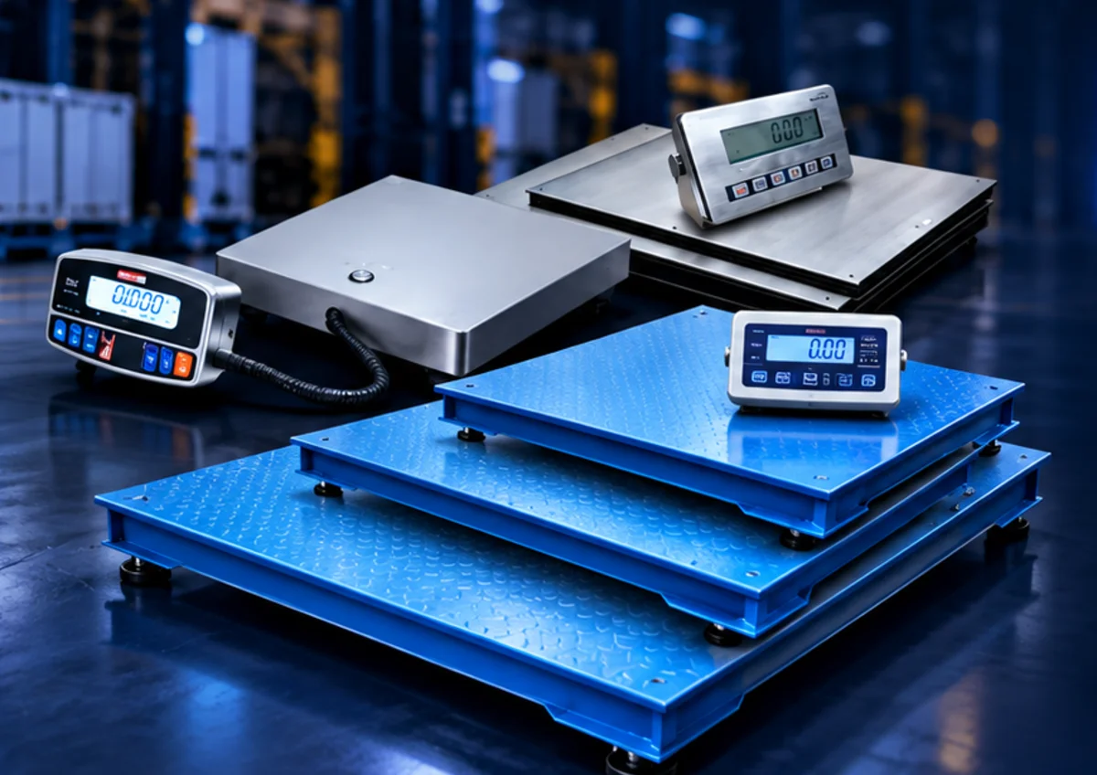 Balanzas de plataforma azules y de acero inoxidable con indicadores digitales