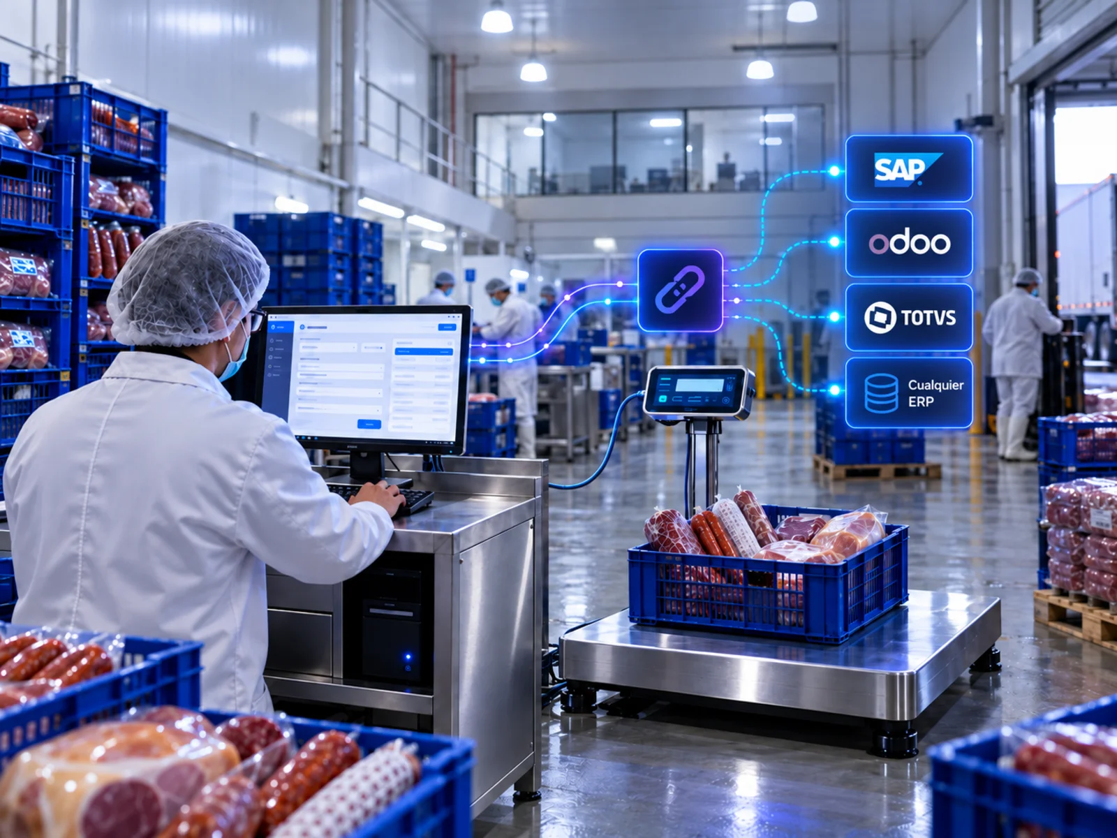 Operaria en una planta cárnica registrando una batea de embutidos sobre la balanza, conectada por PesoLink a SAP, odoo, TOTVS y cualquier ERP