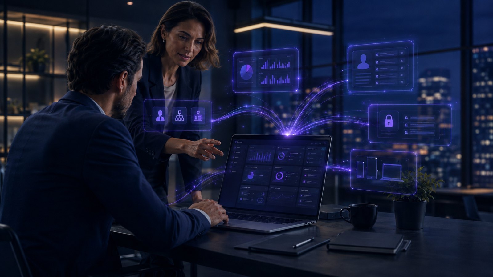 Dos ejecutivos analizando tableros de datos holográficos sobre una notebook en una oficina de noche