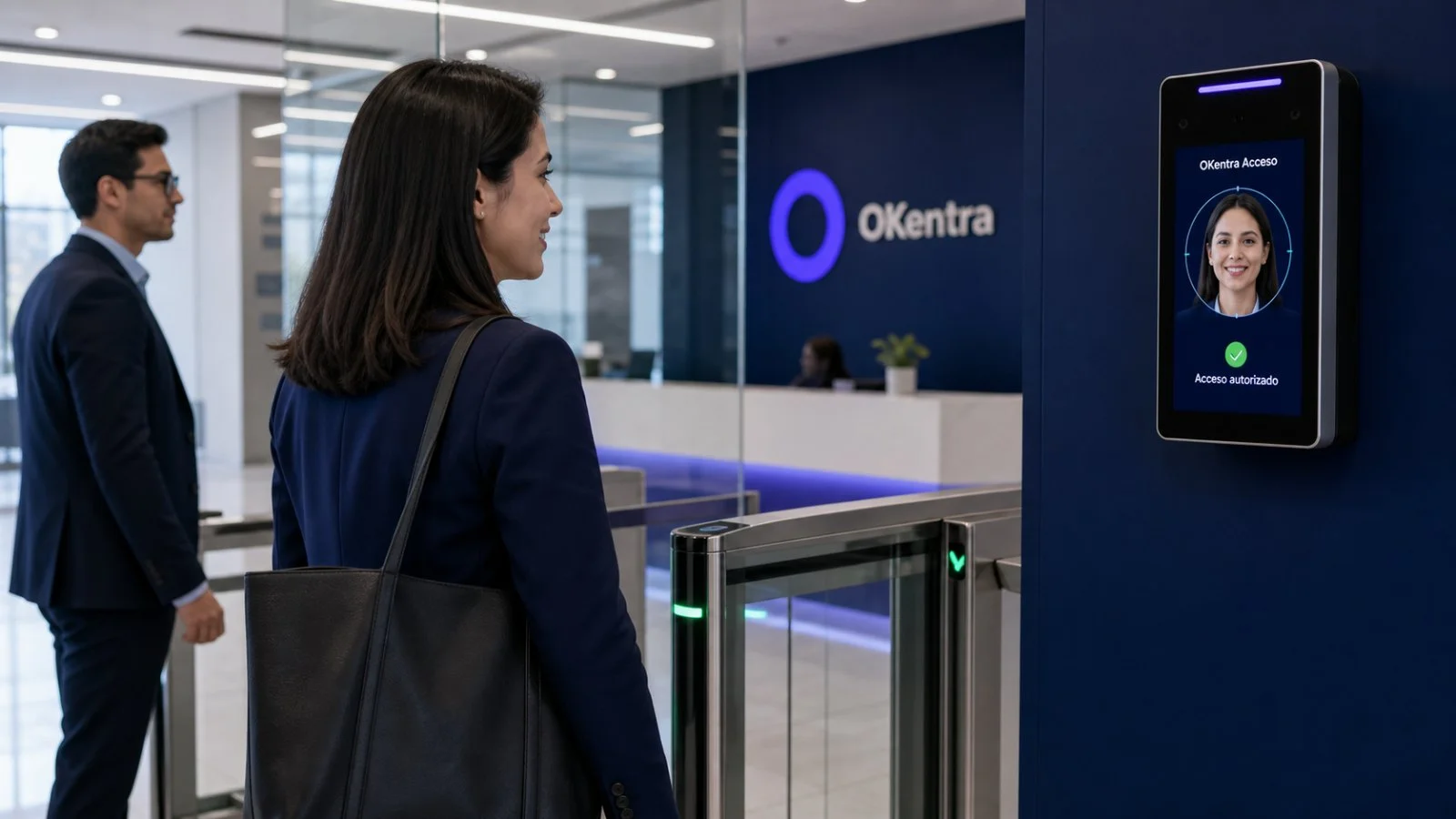 Terminal facial OKentra Acceso autorizando el ingreso en la recepción de una empresa