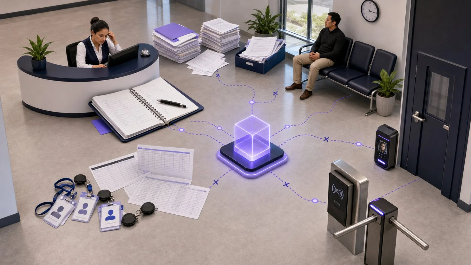 Recepción de oficina con cuaderno de visitas, pilas de planillas, credenciales sueltas y equipos de acceso sin conectar entre sí