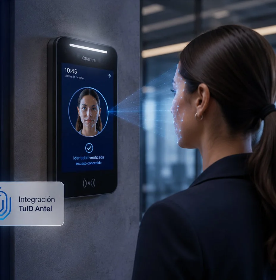 Terminal facial OKentra validando identidad con TuID de Antel: identidad verificada, acceso concedido