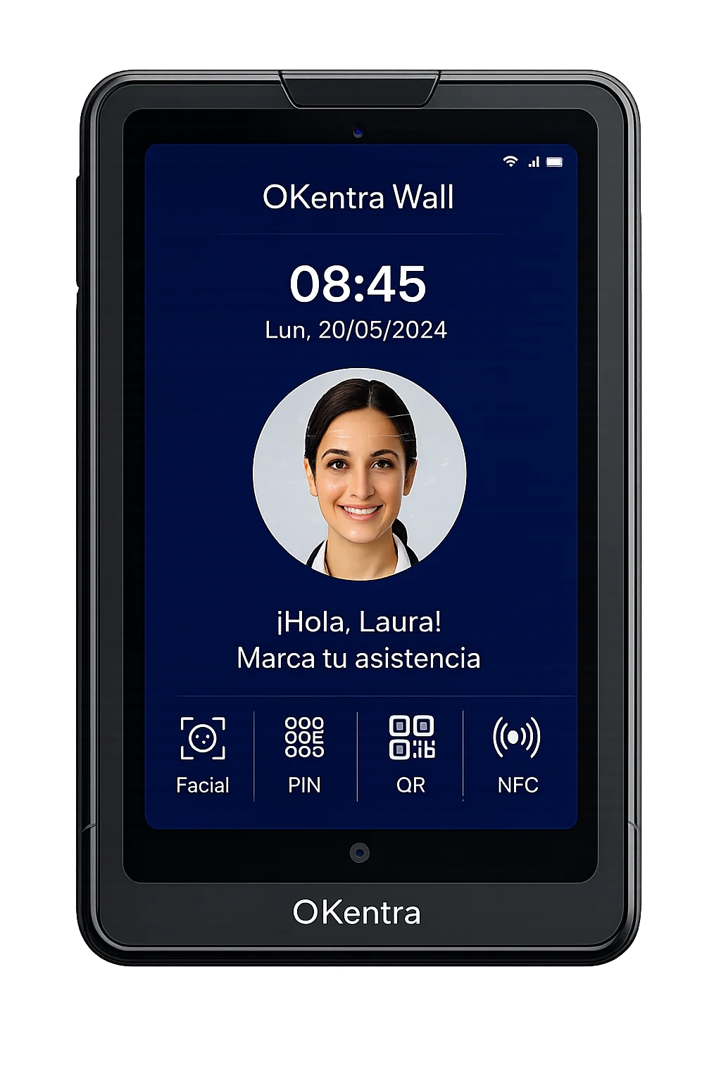 Tablet OKentra en modo kiosco en el punto de acceso, con identificación facial, PIN, QR y NFC