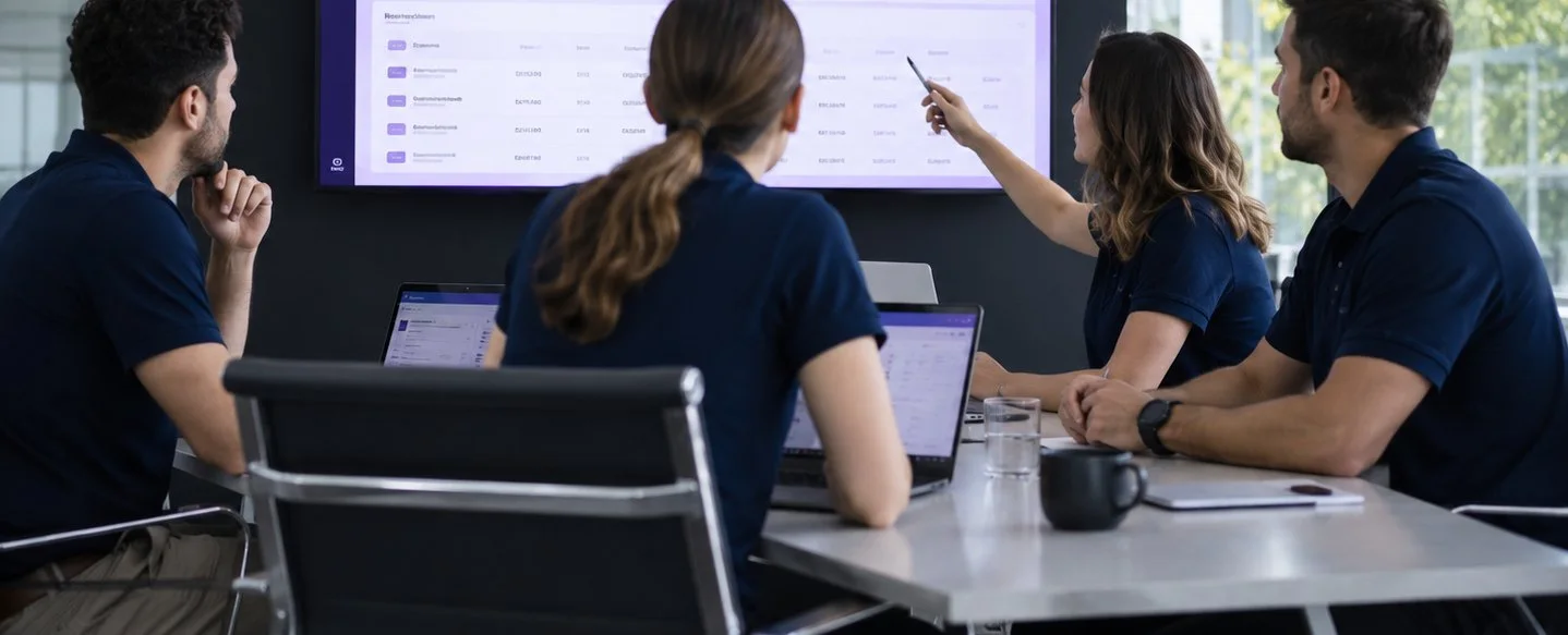 Equipo de OKentra revisando la implementación de Campus sobre un tablero