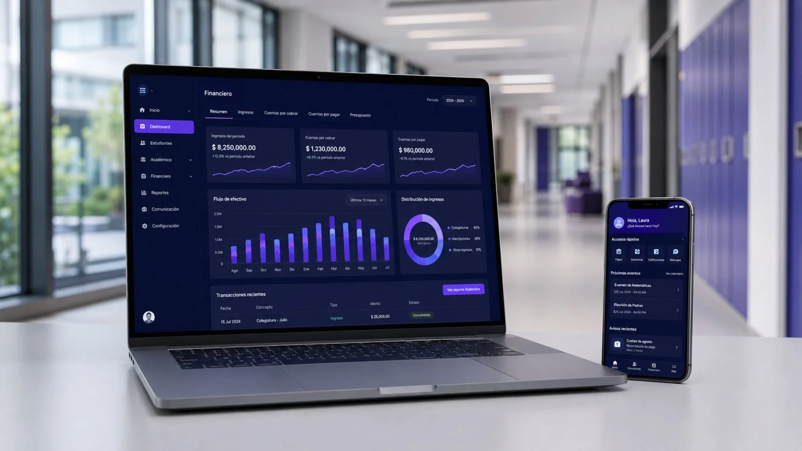 OKentra Campus en escritorio y móvil: tablero financiero y portal de familias