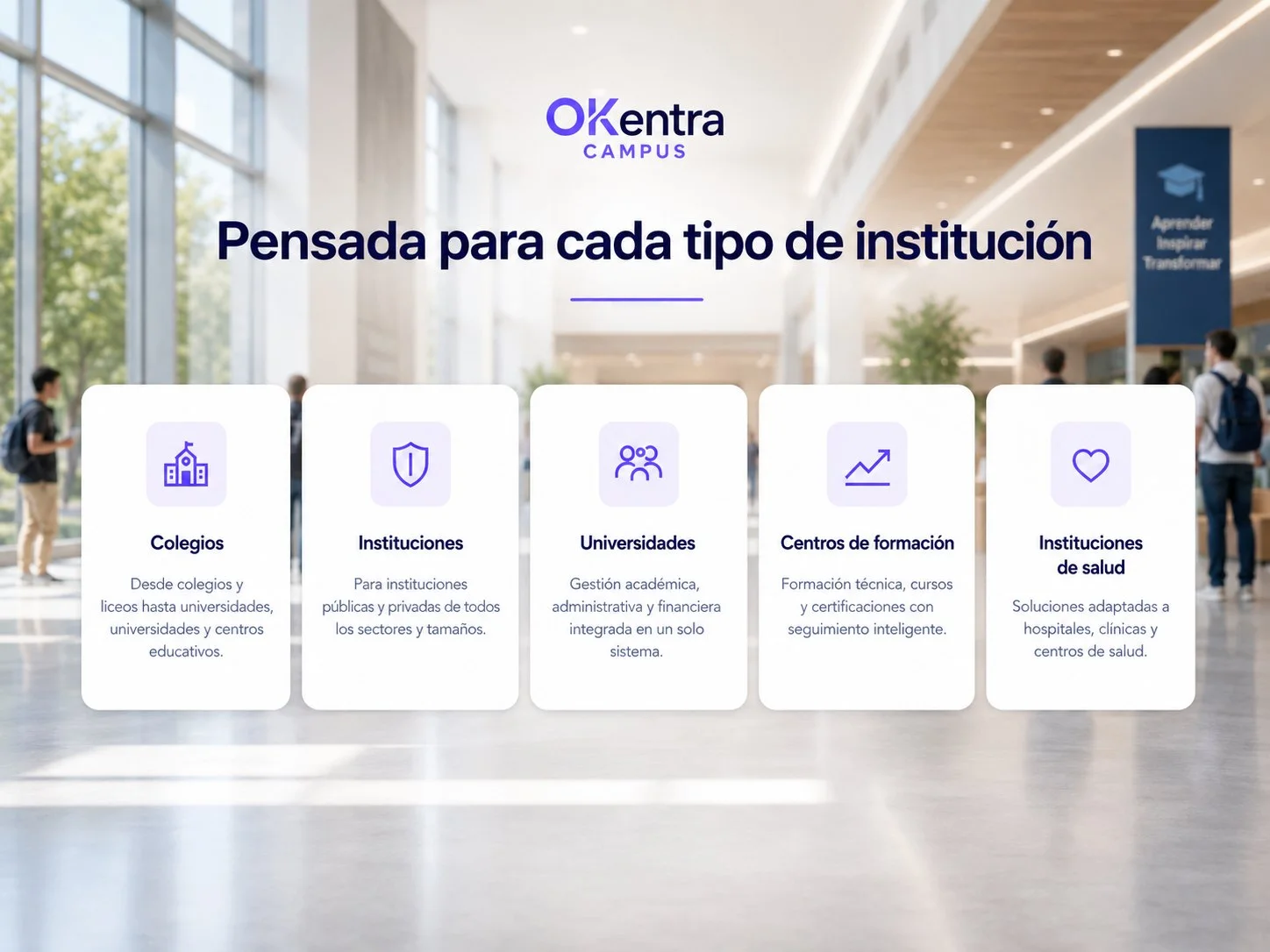 OKentra Campus — pensada para cada tipo de institución: colegios, instituciones, universidades, centros de formación y salud