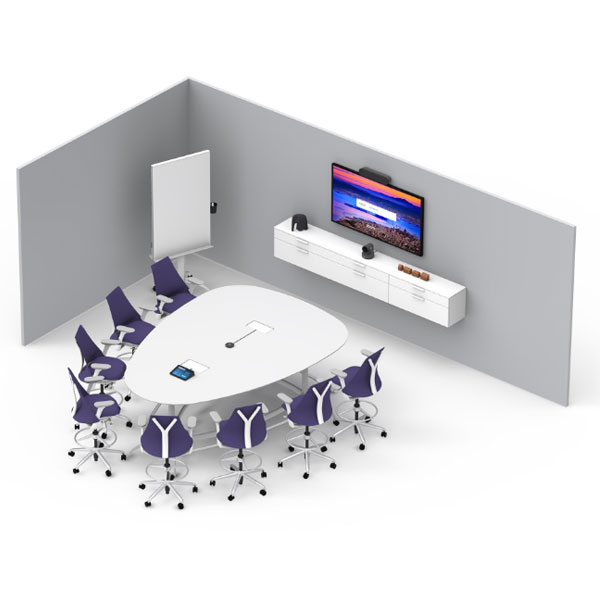 Vista isométrica de una sala de reunión mediana con pantalla, barra de video, micrófonos de mesa y panel de control