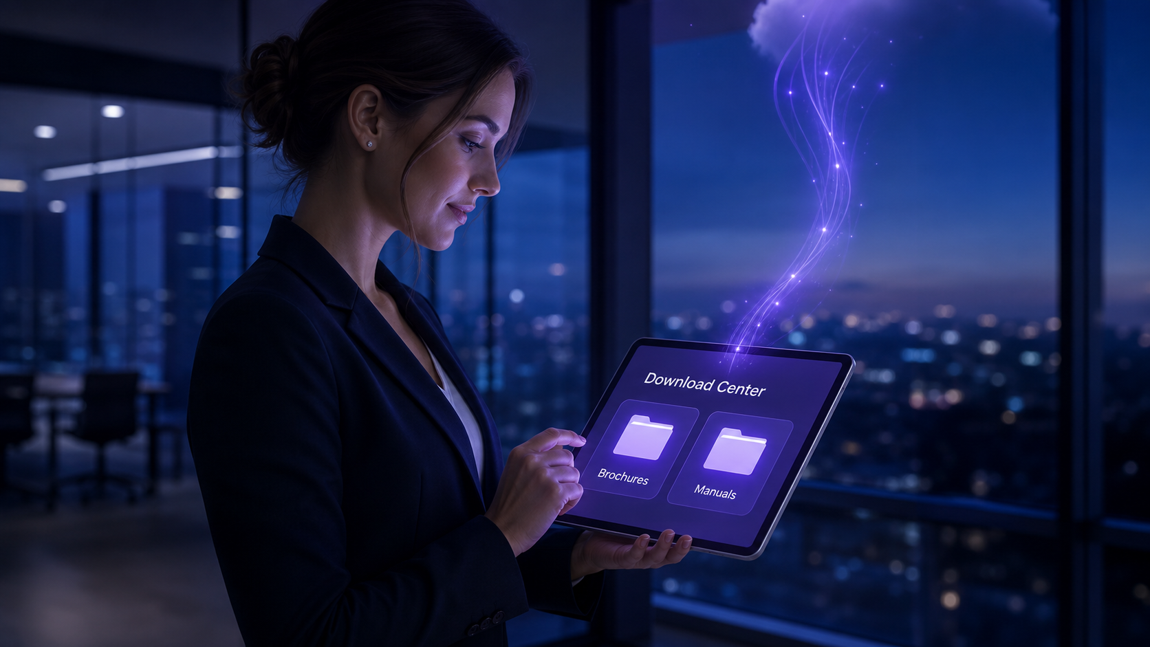Ejecutiva accediendo al centro de descargas de OKentra desde una tablet