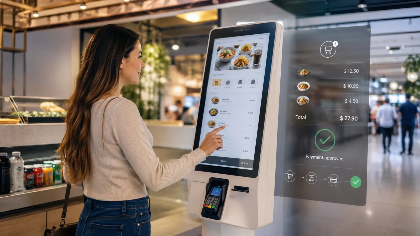Clienta usando un kiosco de autoservicio OKentra