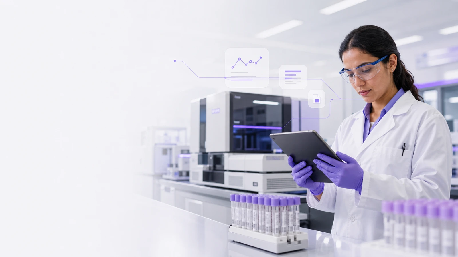 Analista de laboratorio con tablet frente a equipos de análisis y muestras