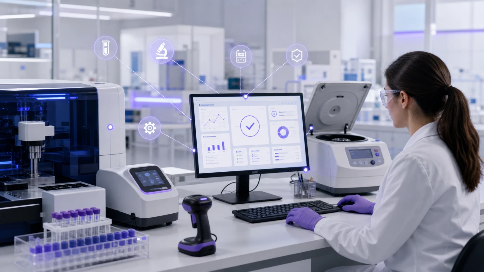 Analista de laboratorio operando el tablero de OKentra LIMS entre equipos de análisis y muestras