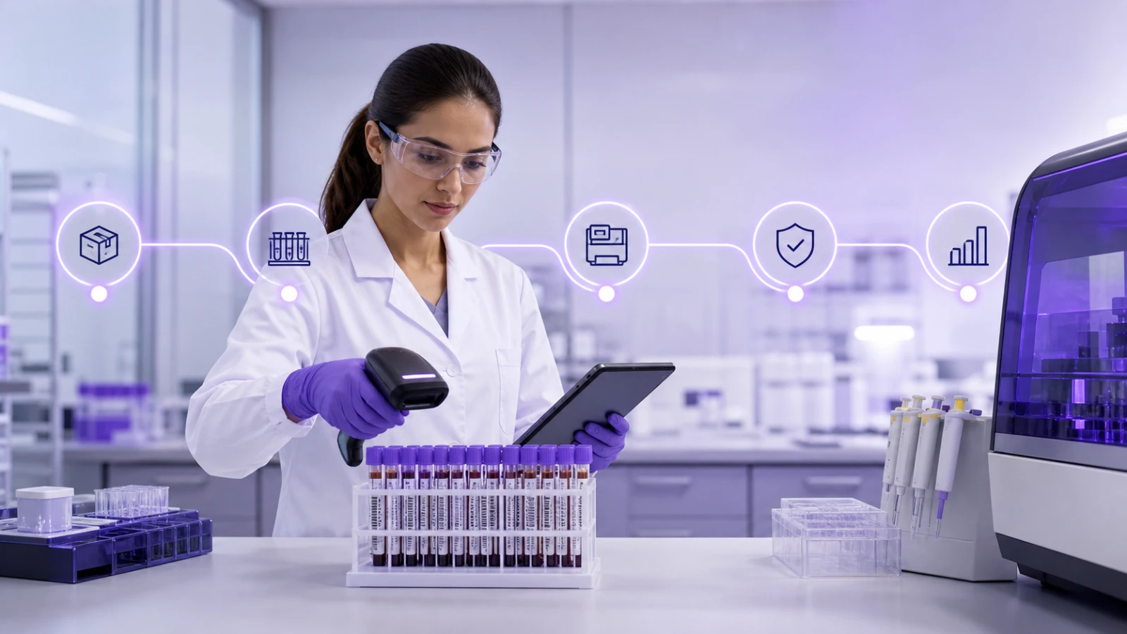 Analista registrando muestras con lector de código de barras y tablet en el laboratorio