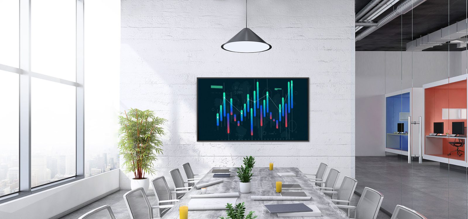 Sala de directorio con un display comercial mostrando indicadores de negocio