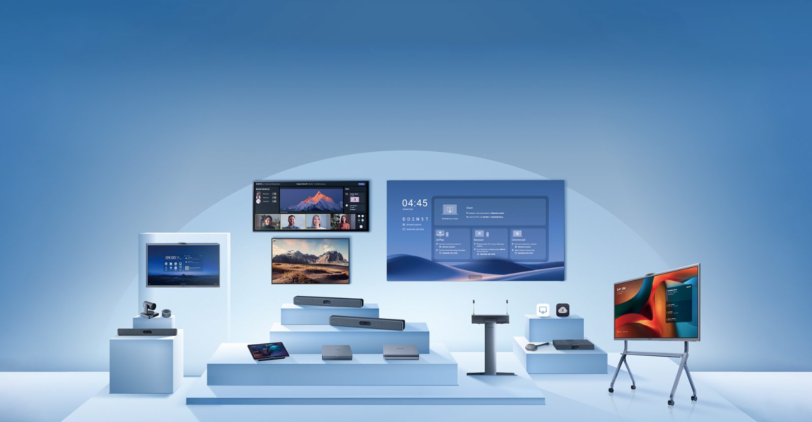 Familia de productos MAXHUB: pantallas interactivas, barras de video, paneles de control y accesorios