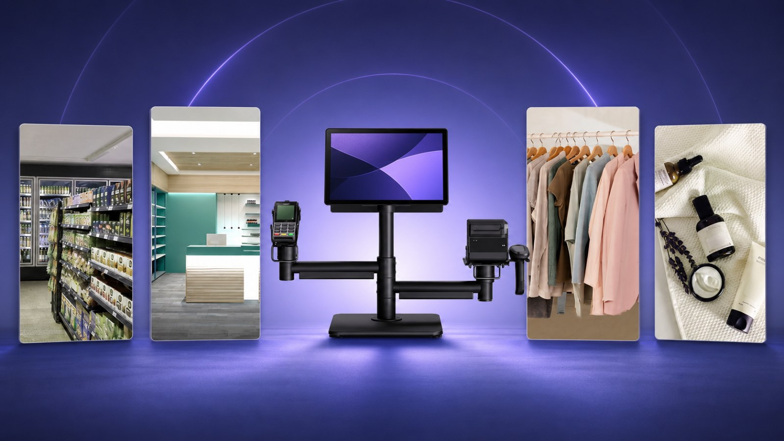 Terminal de venta OKentra con pinpad, impresora y lector, entre escenas de supermercado, farmacia, indumentaria y cosmética