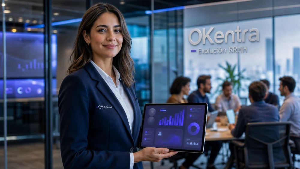 Consultora de OKentra mostrando el tablero de Evolución RRHH en una tablet, con su equipo reunido al fondo