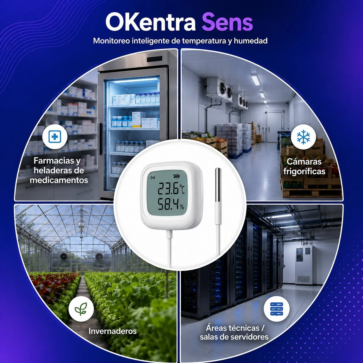 OKentra Sens — casos de uso: farmacias y heladeras de medicamentos, cámaras frigoríficas, invernaderos y salas de servidores