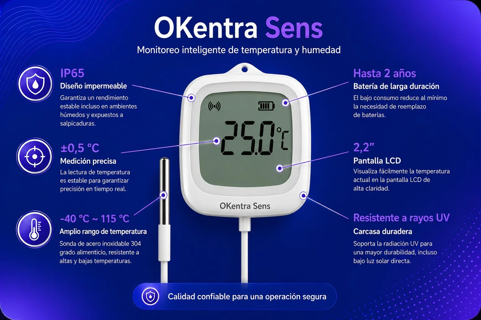 OKentra Sens — sensor de temperatura y humedad: IP65, ±0,5 °C, rango −40 a 115 °C, batería hasta 2 años, pantalla LCD 2,2” y carcasa resistente a UV