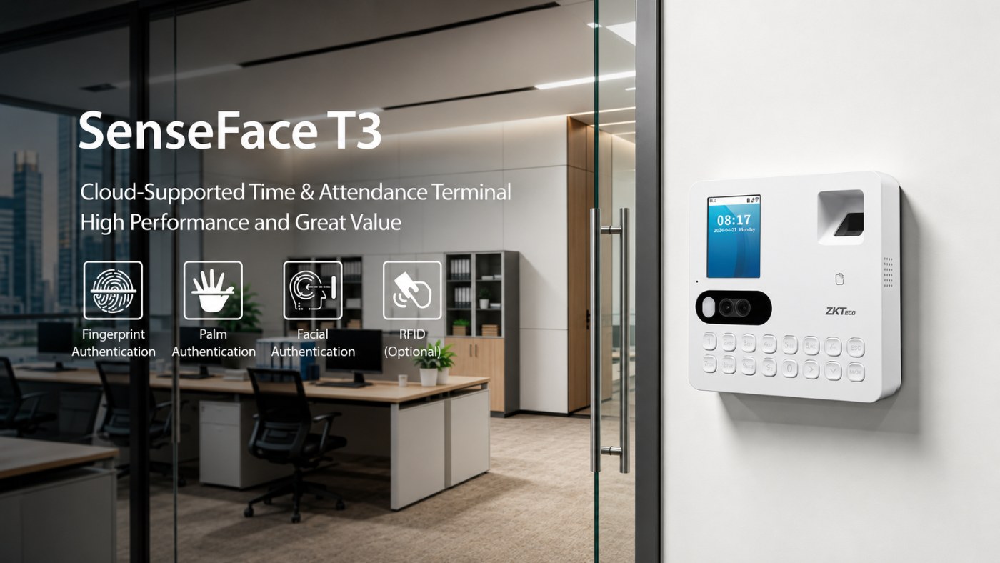 Terminal ZKTeco SenseFace T3 instalado junto al acceso de una oficina